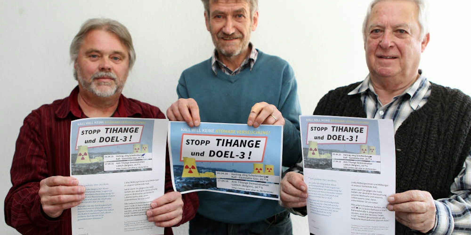 Ekkehard Fiebrich (von links), Eduard Arbach, Toni Mießeler und ihre Mitstreiter haben die Aktionen gegen das Atomkraftwerk Tihange vorbereitet.