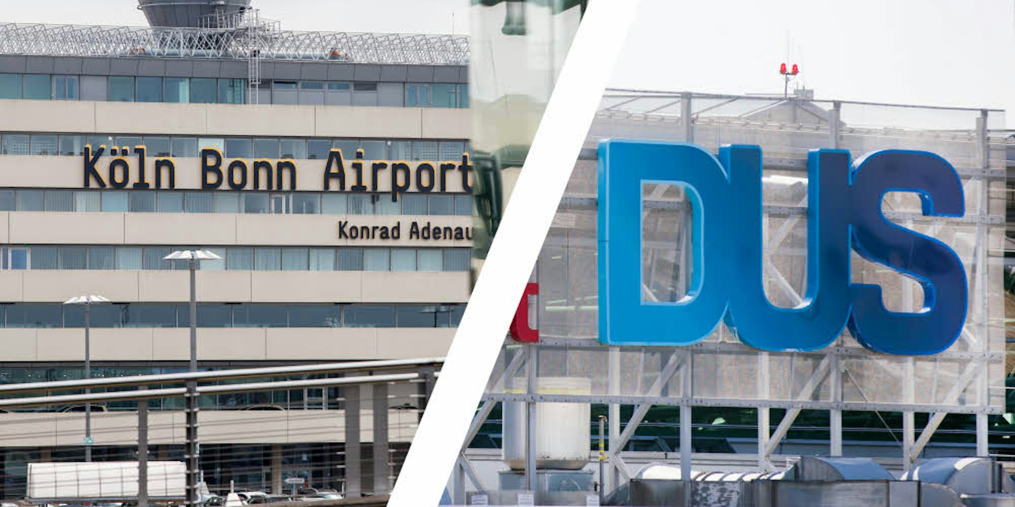 Der Flughafen Köln/Bonn links und das neue Logo des Flughafens Düsseldorf mit dem Drei-Letter-Code DUS.