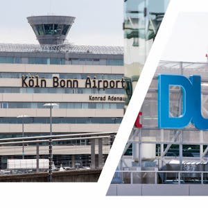 Der Flughafen Köln/Bonn links und das neue Logo des Flughafens Düsseldorf mit dem Drei-Letter-Code DUS.