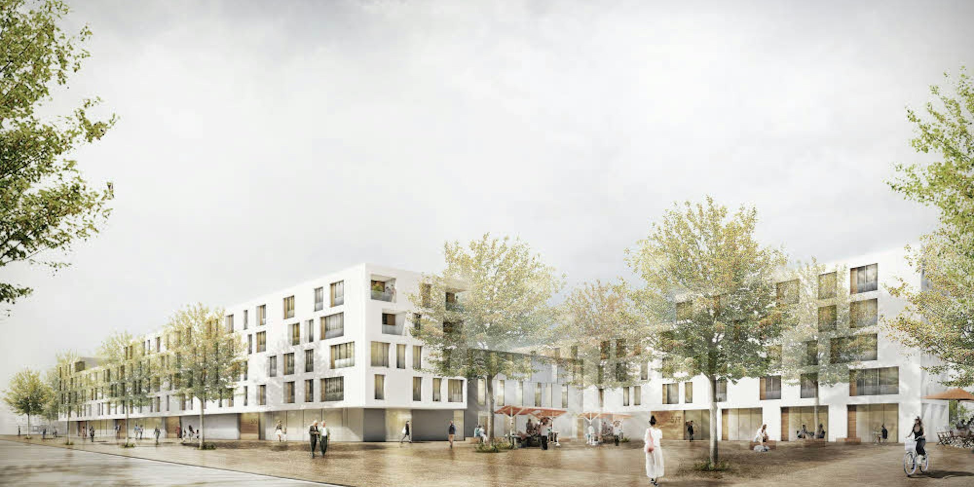 Die Visualisierung zeigt den Blick von der Venloer Straße auf die Neubauten.