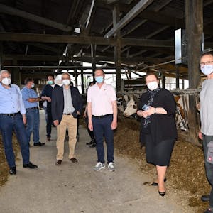 Im Kuhstall von Lambert Stöcker (r.) trafen sich Rainer Deppe, Uli Heimann, Michael Braun und Landwirtschaftsministerin Ursula Heinen-Esser (v. l.).