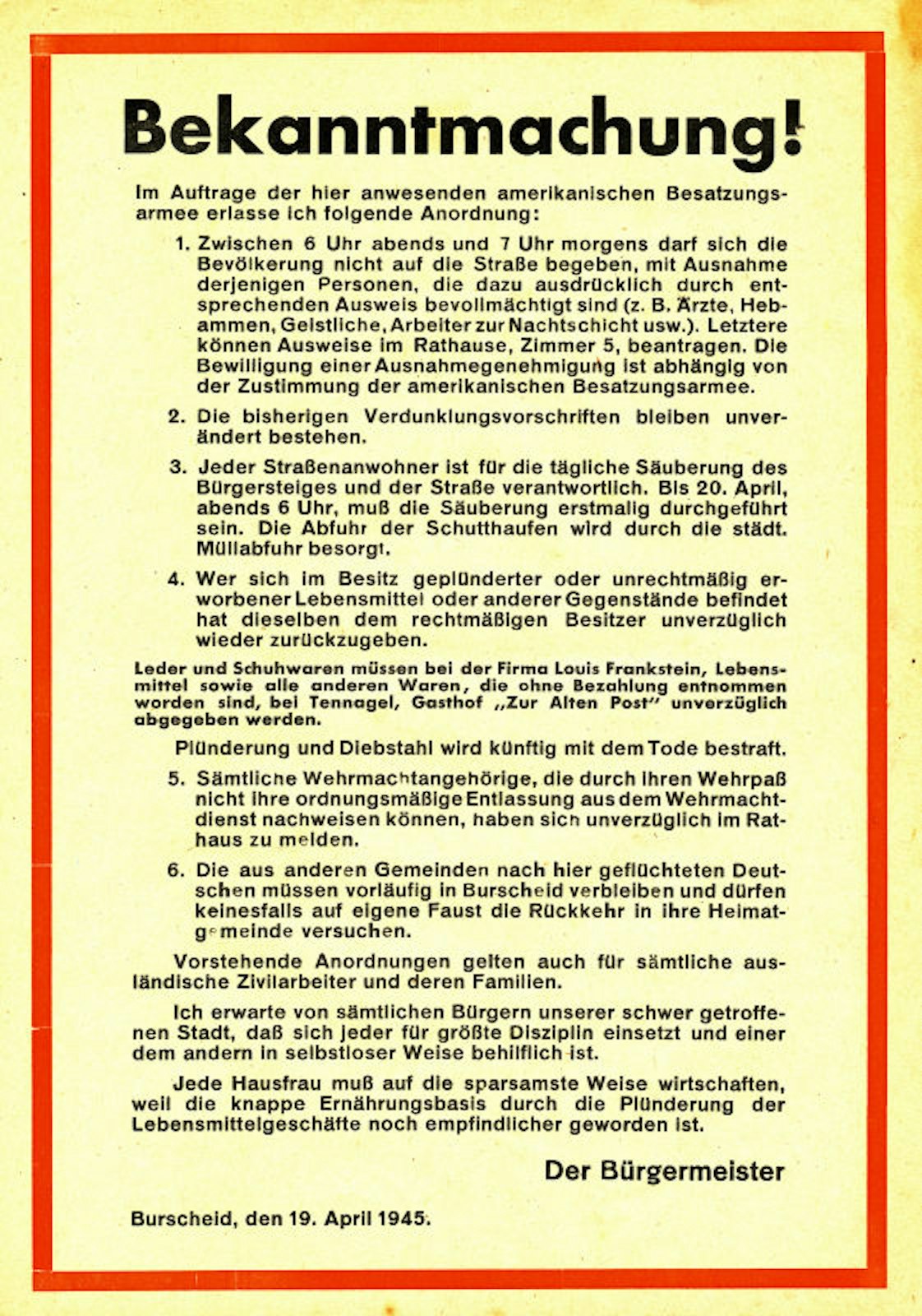 Die Bekanntmachung vom 19. April 1945.