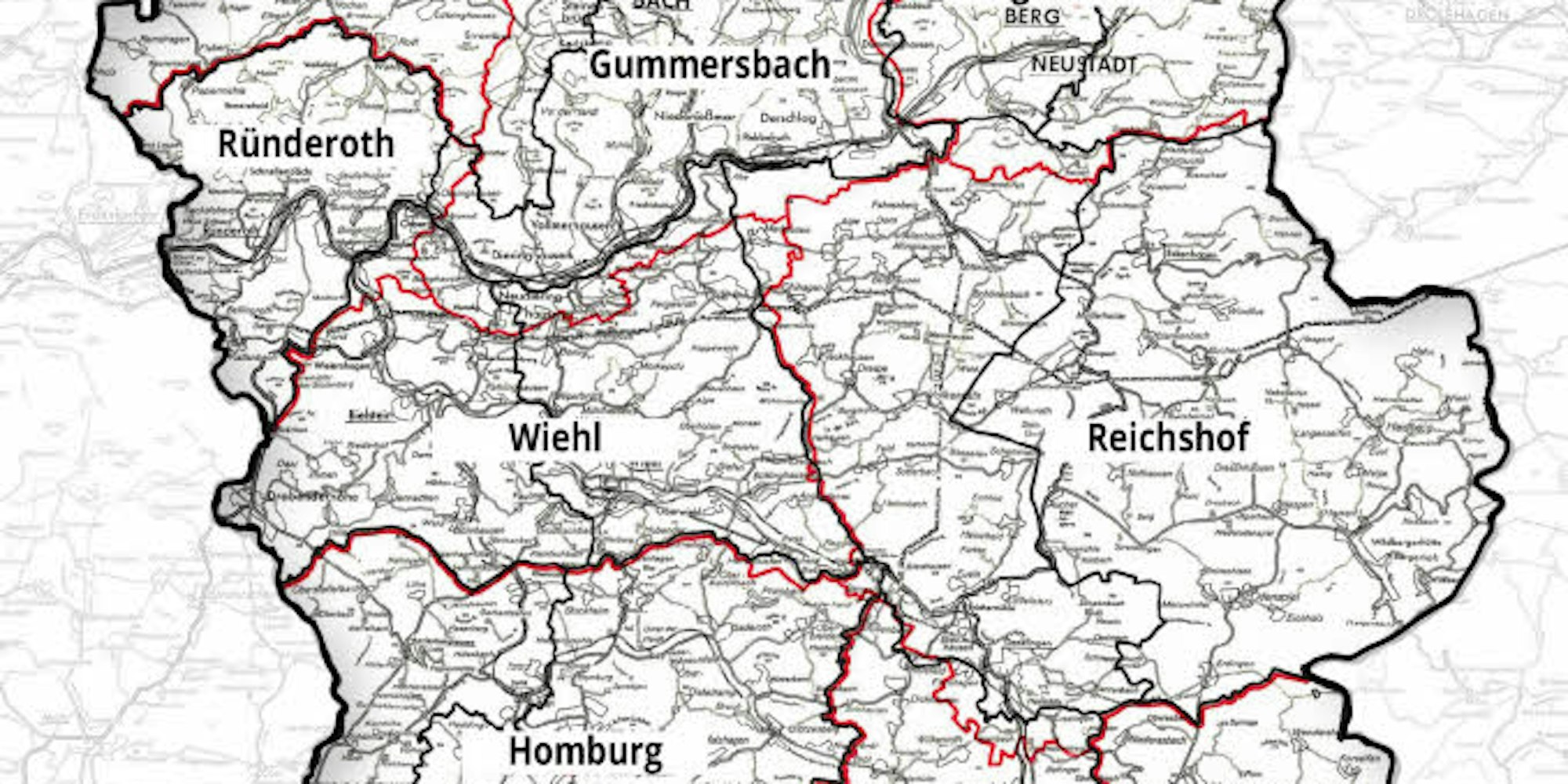 Sechs Jahre lang sah der Oberbergische Kreis aus wie hier dargestellt. 1975 folgte der zweite Schritt der Gebietsreform.