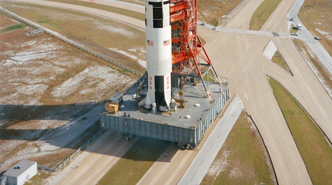 Die Startrampe für die Saturn-5-Raketen der Apollo-Missionen (hier vor dem Start von Apollo 14) hat Poppel konstruiert.