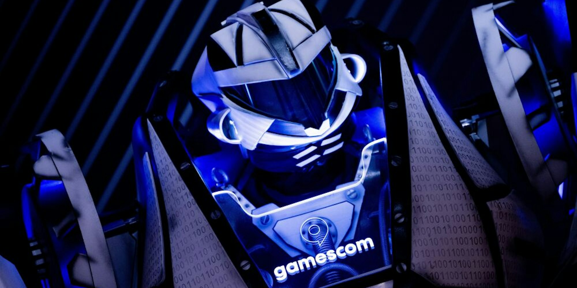Der Gamesbot, ein übermenschlich großer Roboter mit dem Logo der Gamescom, kann in einer Woche wieder Messebesucher vor Ort begrüßen.