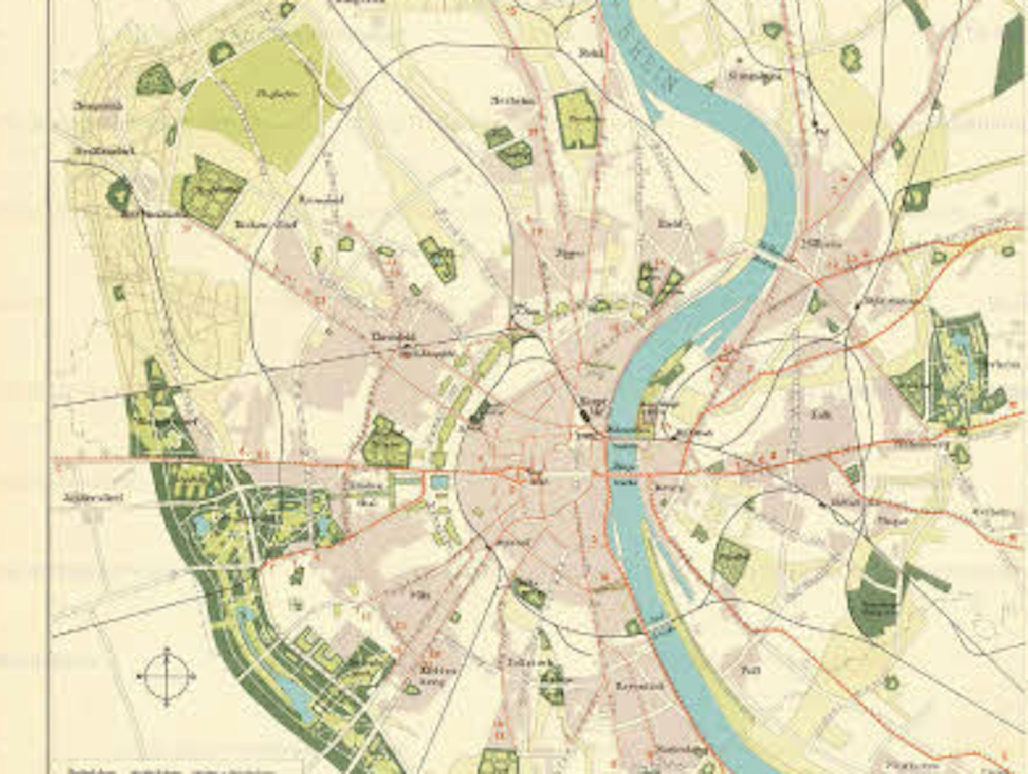 Der „Grünflächen-Plan“ der Stadt aus dem Jahr 1929: Der linksrheinische Süd-Westen der Stadt ist klar bevorteilt. Rechtsrheinisch ist nur die Merheimer Heide als neues Projekt zu sehen.