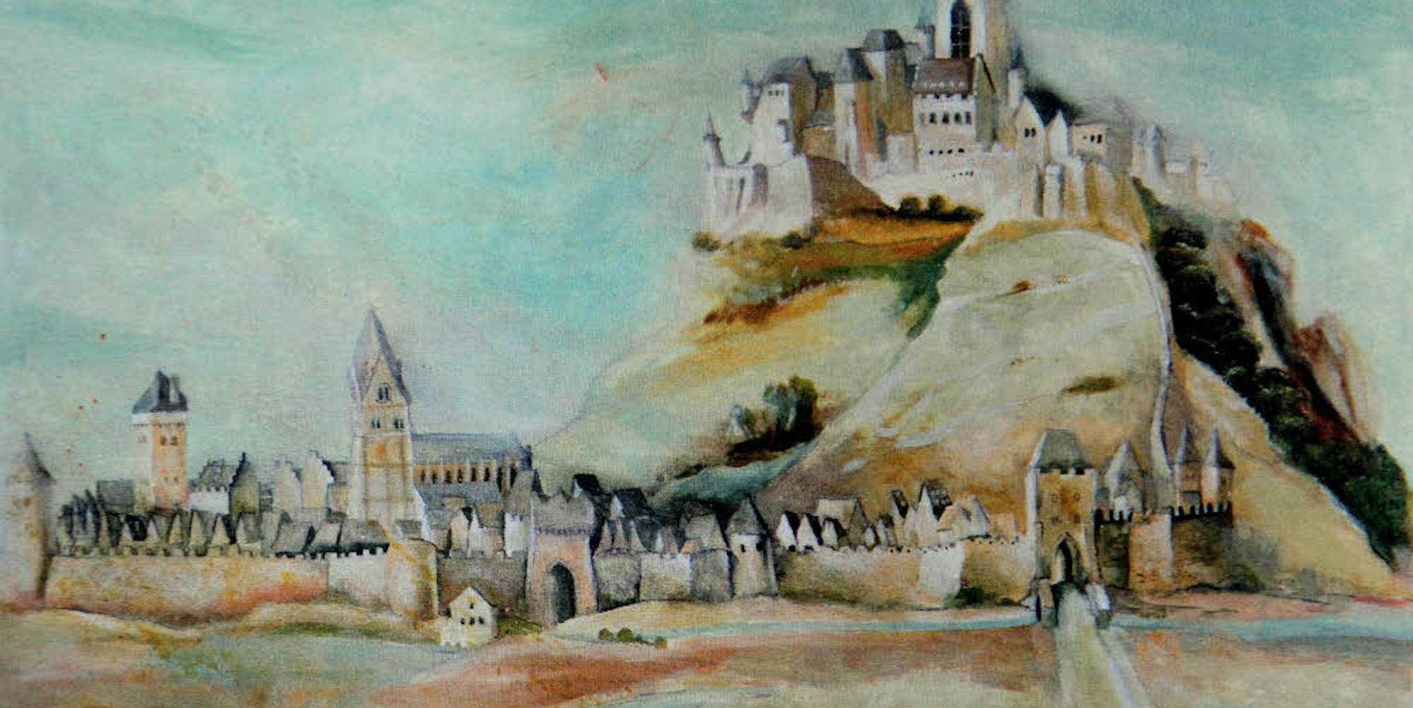 Nach einem Merian-Stich hat Reinhard Zado diese historische Ansicht vom Michaelsberg in Öl gemalt.