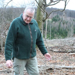 Stefan Walterscheid von der Forstbetriebsgemeinschaft begutachtet den Schaden.