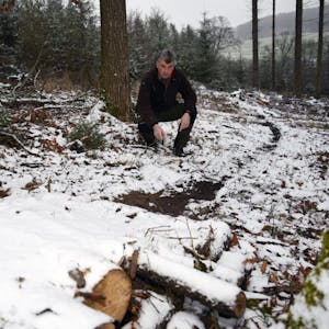 Jagdpächter Stefan Hersch entdeckt immer wieder professionell angelegte Mountainbike-Strecken im Wald in Reichshof.