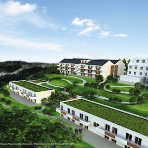 Rund 130 Appartements sollen im alten VdK-Heim (r.) und in drei zu errichtenden Neubauten entstehen.