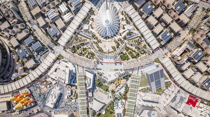 Expo von oben: Blick auf das Gelände der Weltausstellung in Dubai