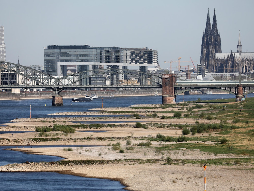 Rhein-Pegel mit Niedrigwasser in Köln