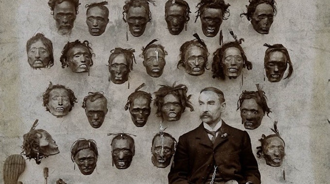 Das Foto, aufgenommen um 1900, zeigt den umstrittenen Sammler Horatio Robley vor seiner Sammlung von Maori-Schädeln. Der Kölner Maori-Schädel durfte nicht fotografiert werden.