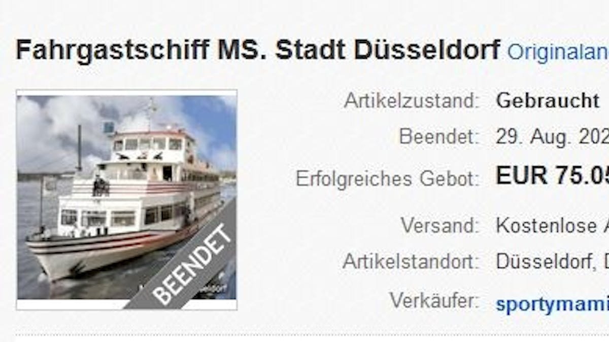 Vor dem Landgericht Düsseldorf wurde am Dienstag (12. April 2022) ein Rechtsstreit um die „MS Stadt Düsseldorf“ verhandelt. Das Foto zeigt einen Screenshot nach Beendigung der Auktion bei eBay.