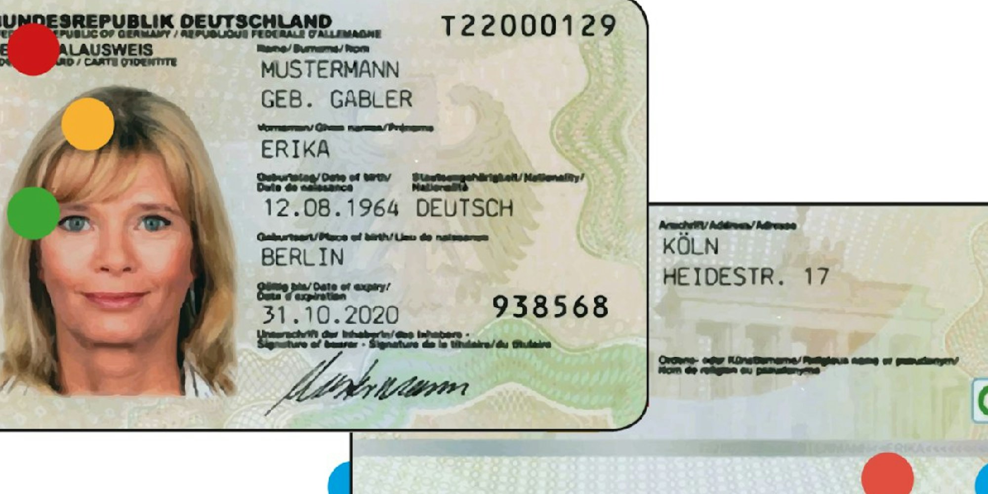 Das seit 2010 gültige Personalausweis-Muster ist mit dem Geburtsort Berlin und dem Wohnort Köln versehen.