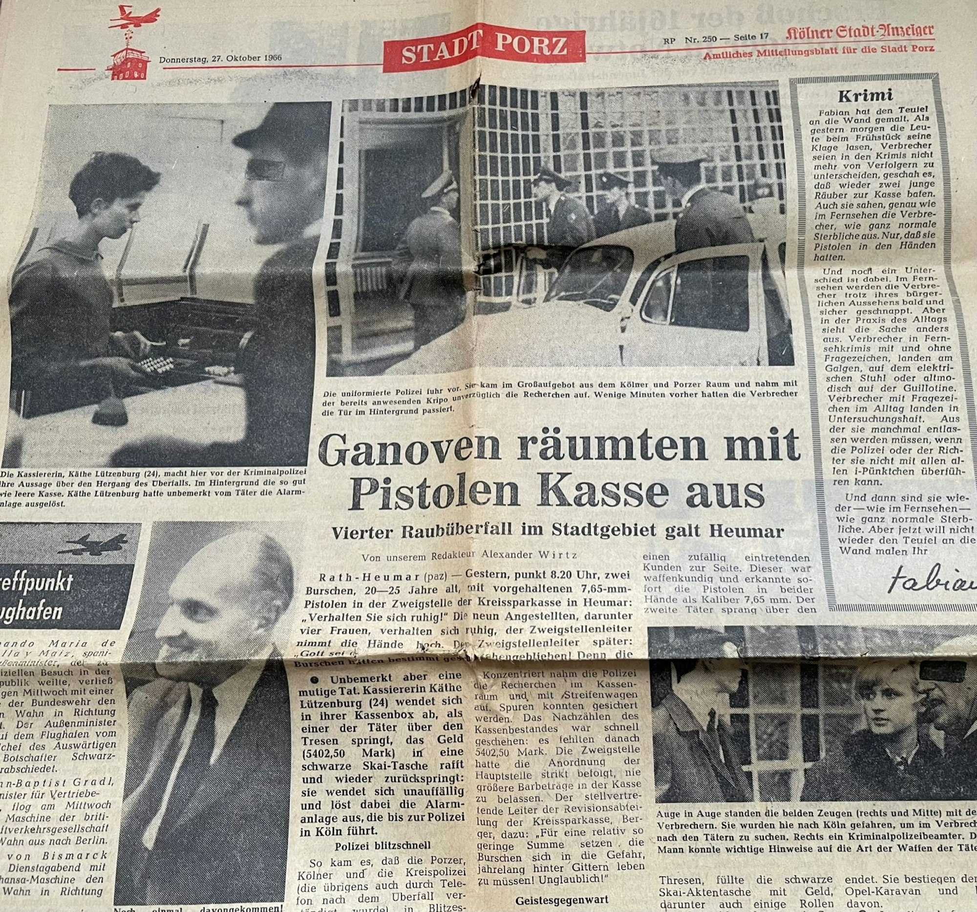 Zeitungsausriss Banküberfall 1966