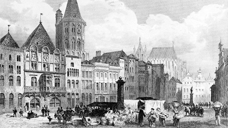 Der Alter Markt mit Rathaus und Rathausturm, etwa um 1850. Im Hintergrund der noch unvollendete Kölner Dom.