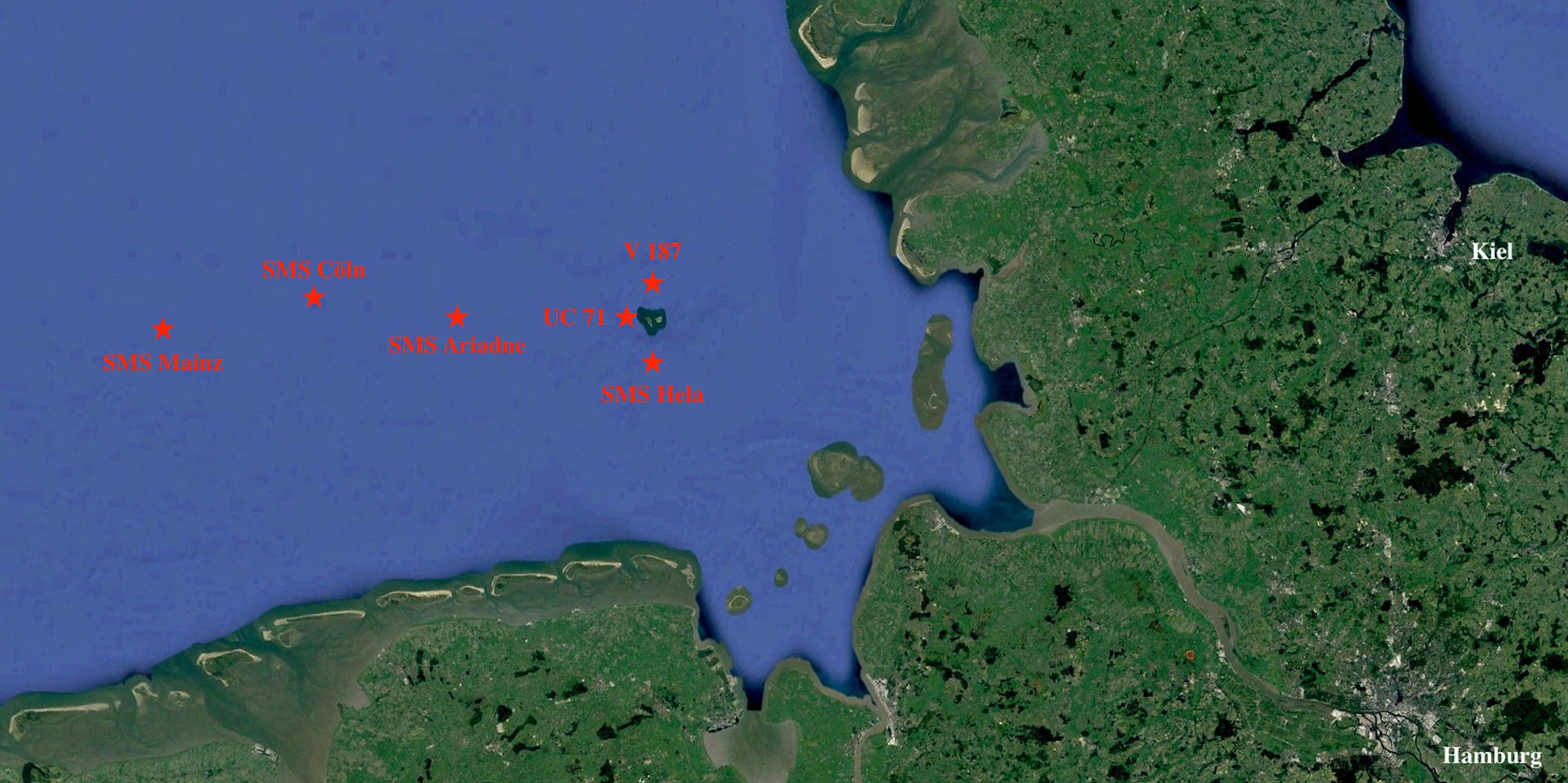 Karte der Nordsee, die die Standorte der versenkten Schiffe markiert