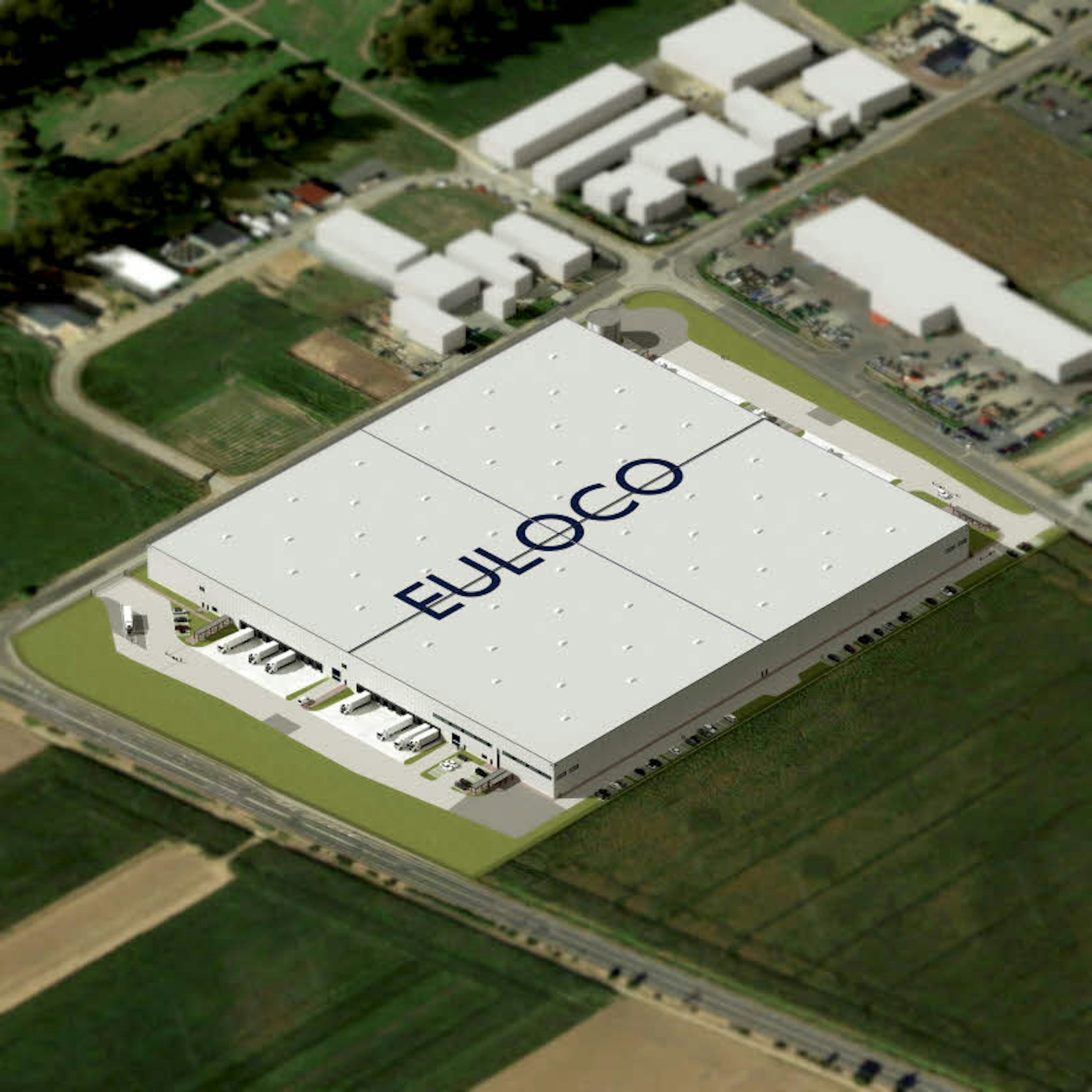 Das neue Logistikzentrum von Euloco steht im Winkel der Landstraße 182 (vorne) und des Schneppenheimer Weges. Im Hintergrund ist die Landmaschinen-Werkstatt Zimmermann.