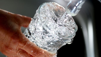 Ein Glas Wasser wird unter einen Wasserhahn gehalten.