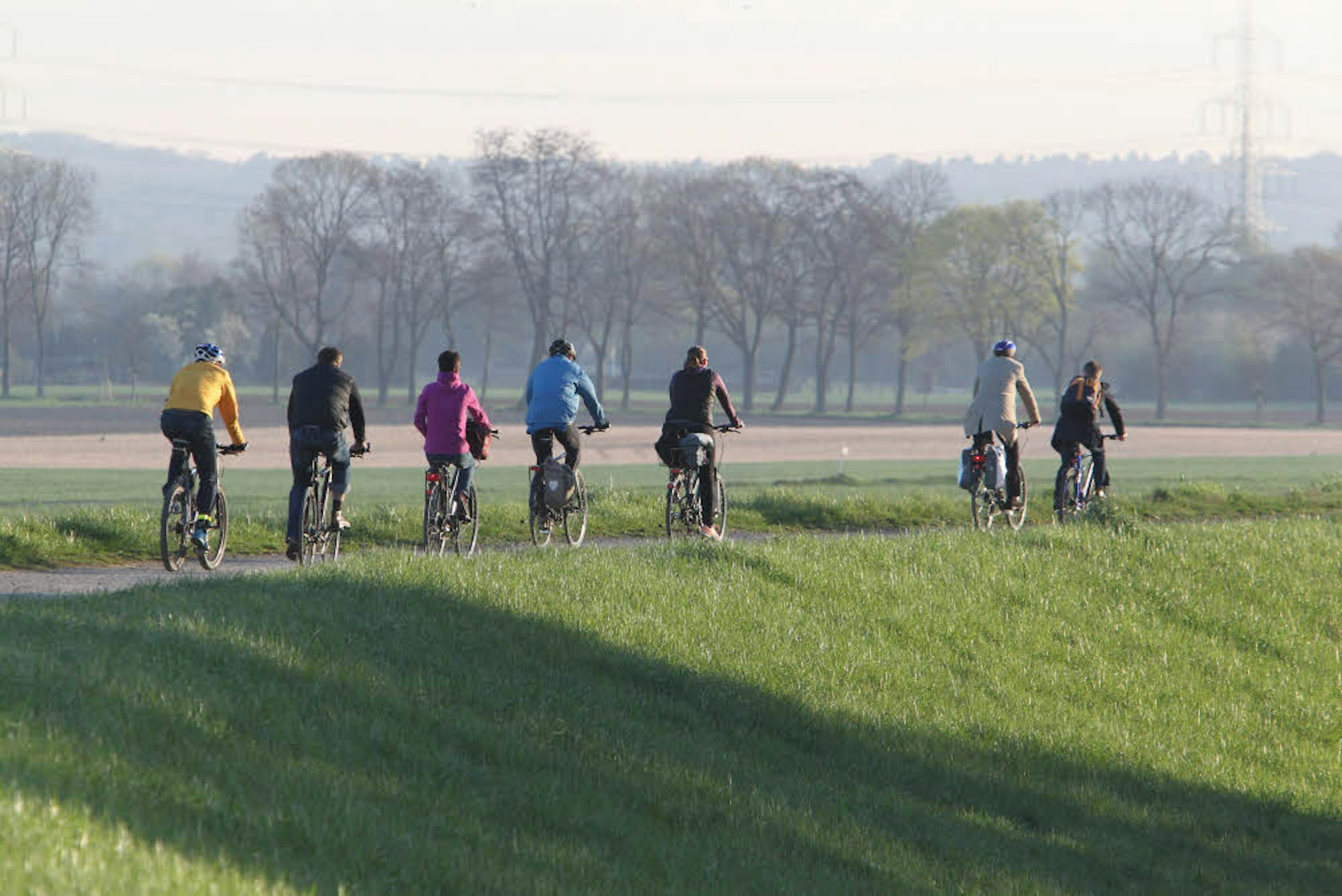 Oben auf dem Damm sind die Radfahrer bei Eschmar unterwegs. Weit geht hier der Blick in die Auenlandschaft der Sieg.