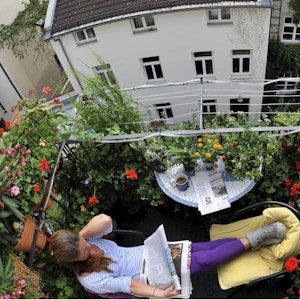 Eine Frau sitzt auf einem Balkon umgeben von Pflanzen. Welche Pflanzen sind eigentlich auf dem Balkon erlaubt.