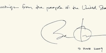 Das Bild zeigt die Unterschrift von US-Präsident Barack Obama im Goldenen Buch der Stadt Dresden.