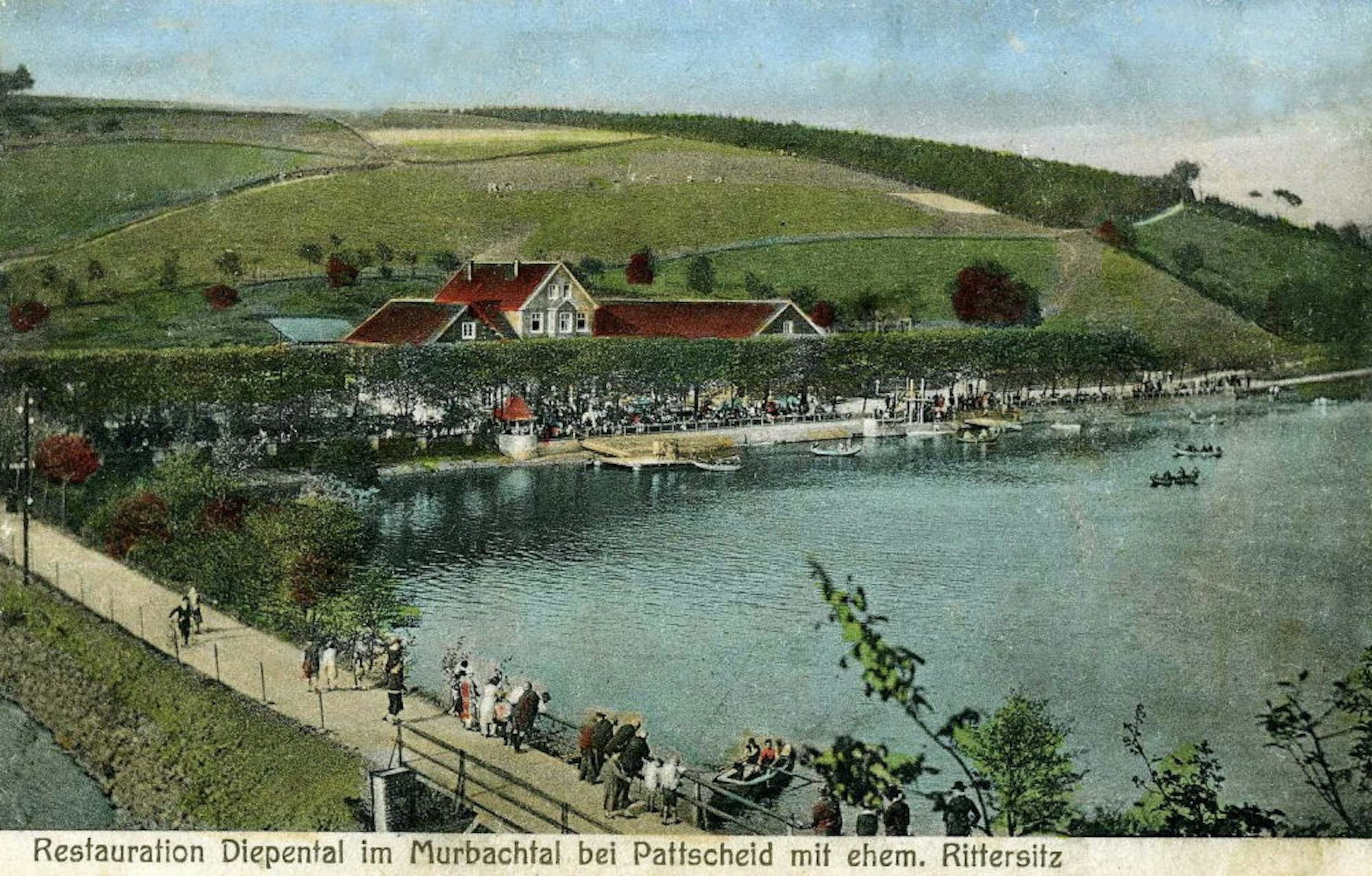 Historische Postkarte der Diepentalsperre von 1922 mit Ruderbooten und noch ohne Wochenendhäuser.