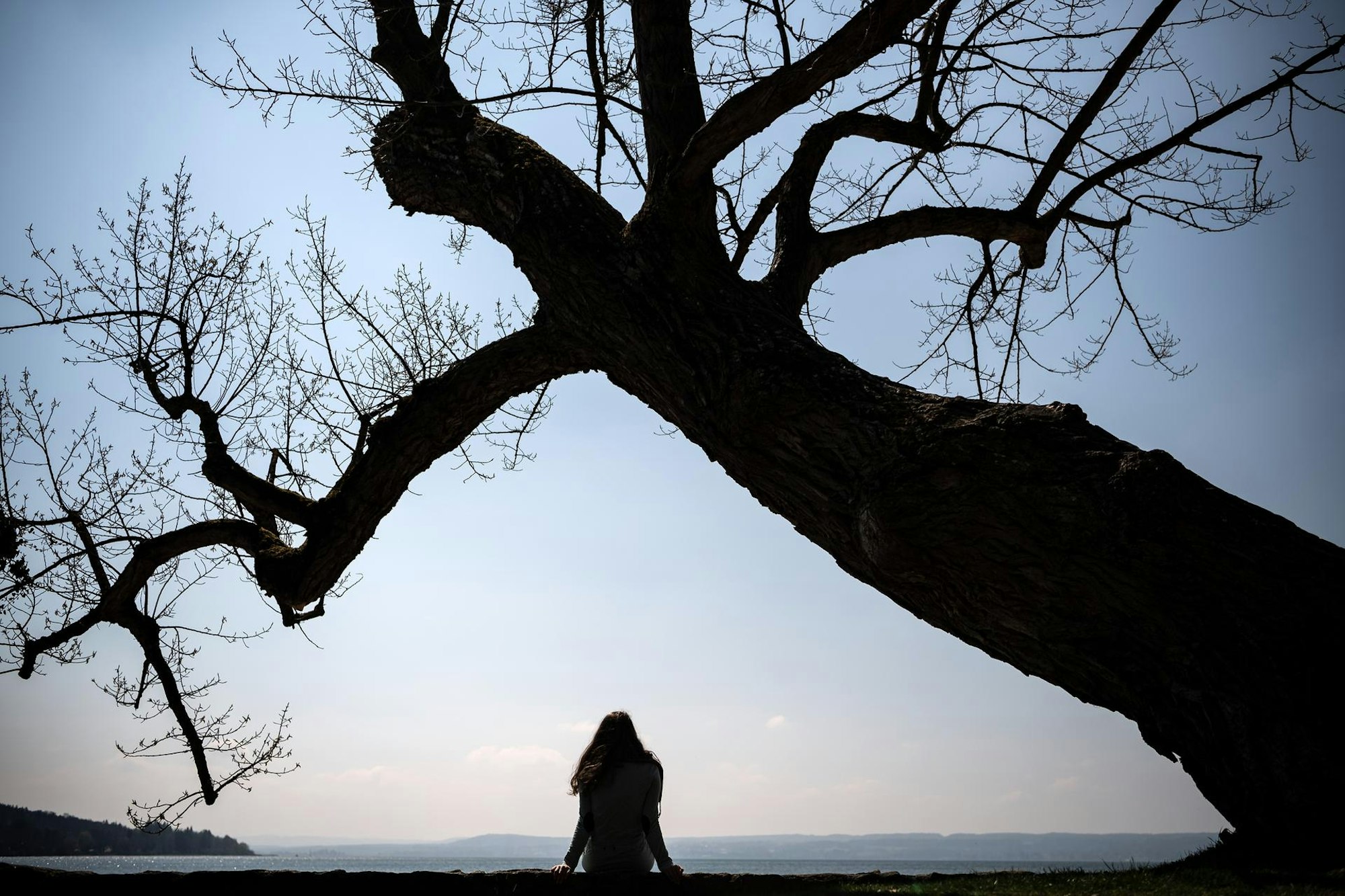 Frau sitzt unterm Baum am See