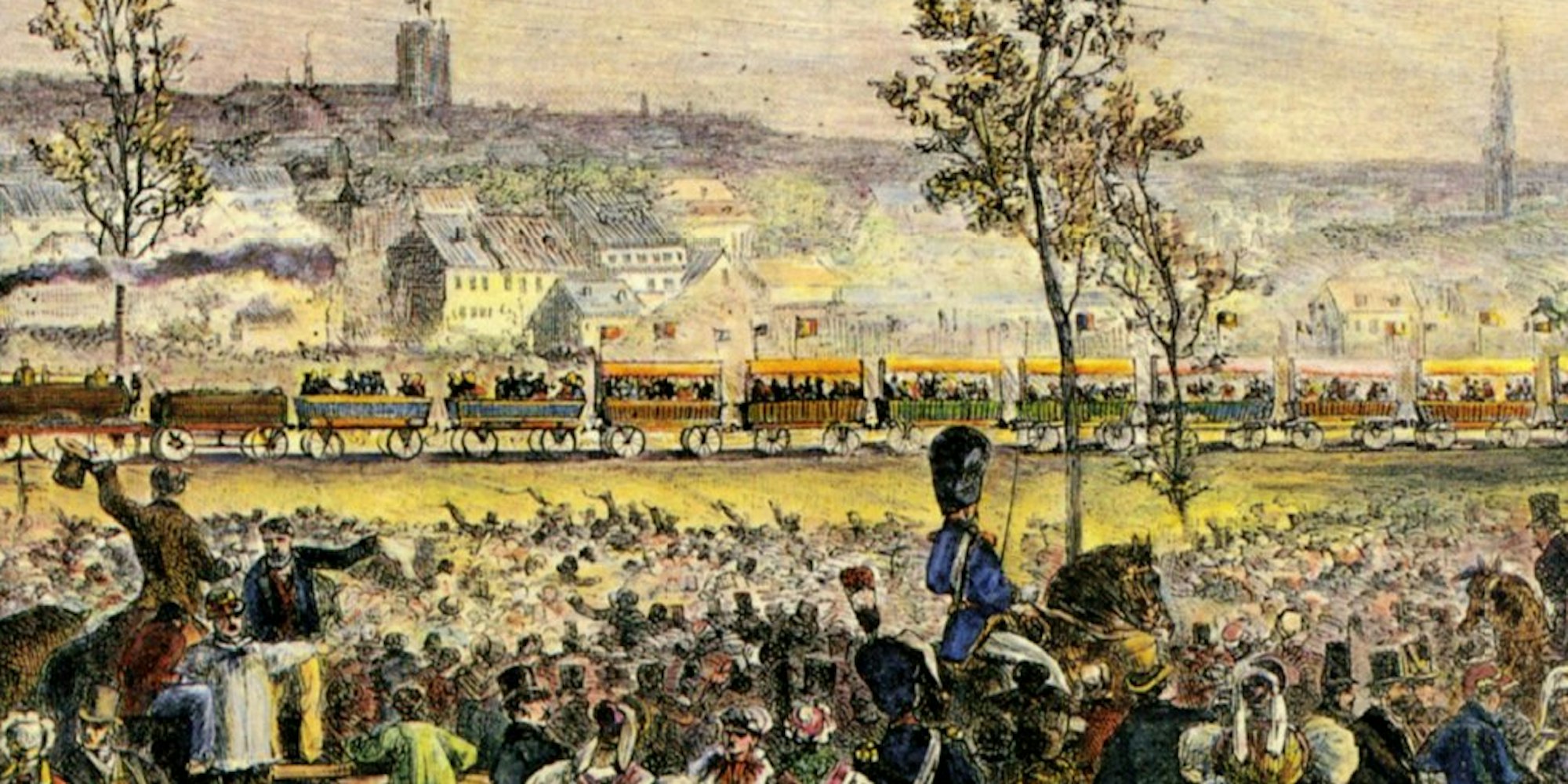 Jubel allerorten: die Eröffnung der ersten Eisenbahnlinie auf dem Kontinent zwischen Brüssel und Mechelen im Mai 1835.