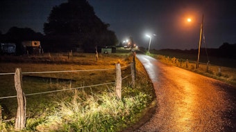 Straßenlampen leuchten nachts an einer kleinen Straße im ländlichen Bereich