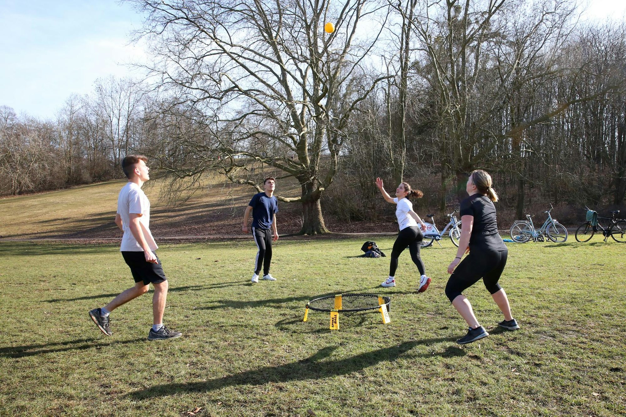Eine Freundesgruppe hat sich im Kölner Beethovenpark zum Spikeball spielen getroffen