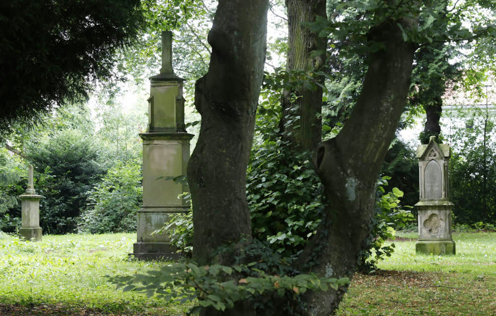 Eine Reihe hoher Grabsteine steht noch auf dem Friedhof.