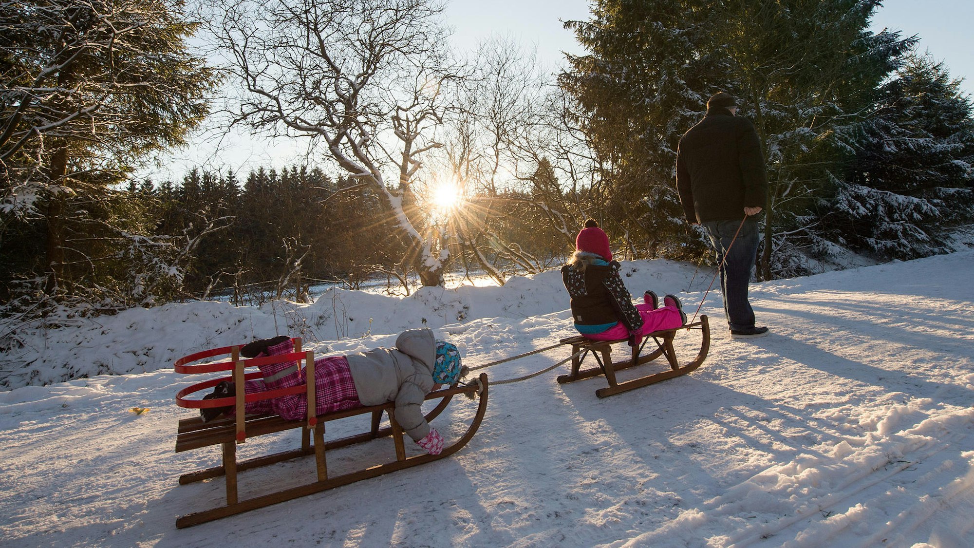 Eine Person zieht zwei Kinder auf Schlitten durch den Schnee