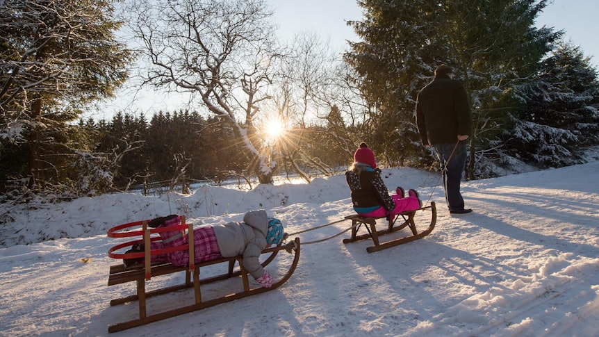 Eine Person zieht zwei Kinder auf Schlitten durch den Schnee