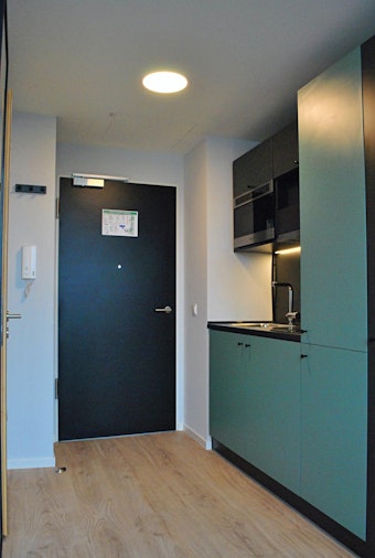 Die Küchen aller Apartments sind identisch in ihrem Inventar, zu dem Kühlschränke, Mikrowellen und Induktionskochfeldern gehören.