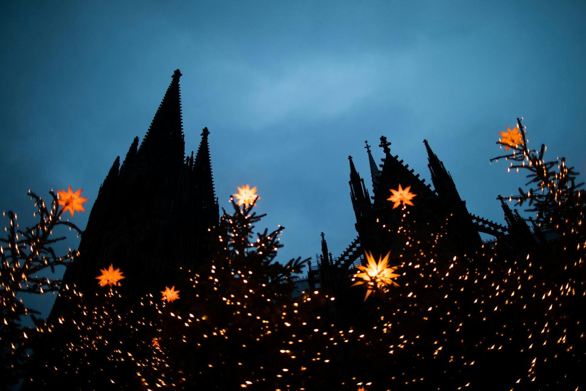 Der Kölner Dom in der Dämmerung, halb verborgen hinter Lichterketten und Weihnachtsbäumen.