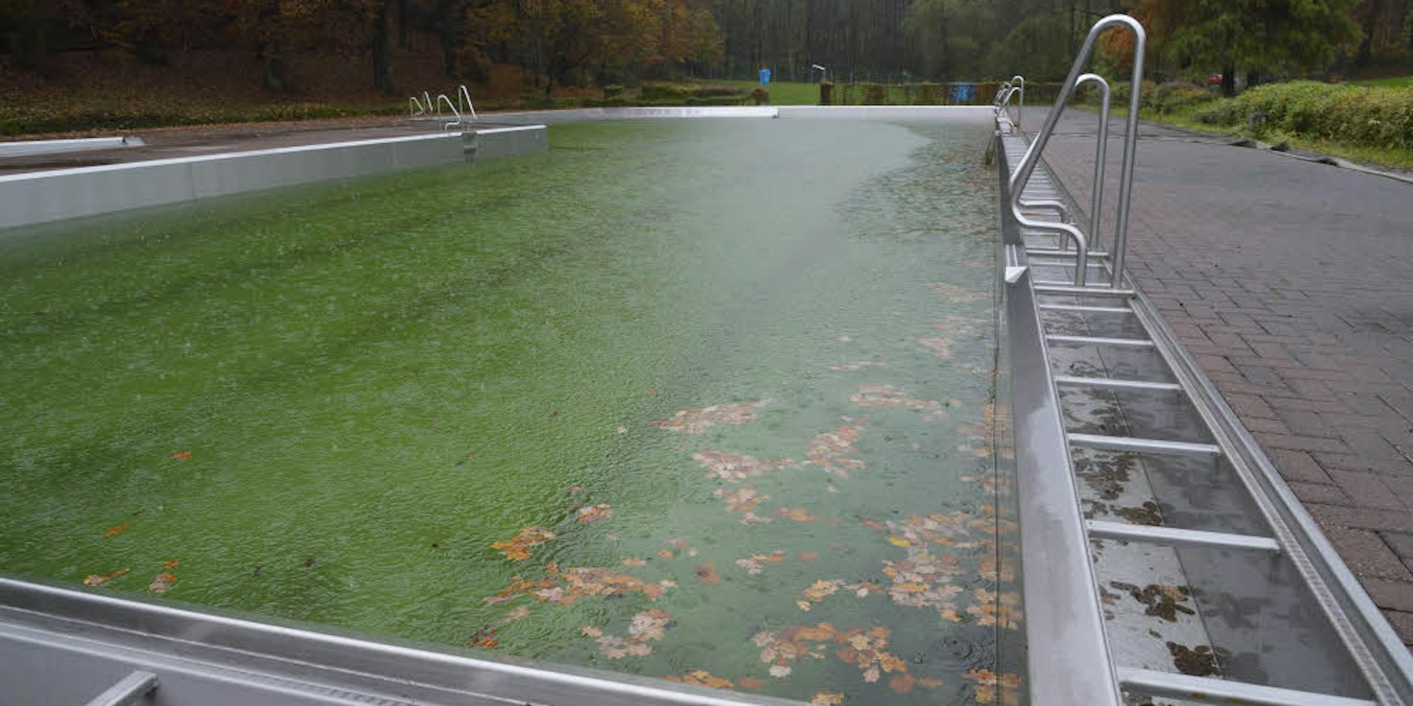 Das Wasser schimmert grün im trüben bergischen Dezember. Die Becken im Bensberger Freibad sind verwaist.