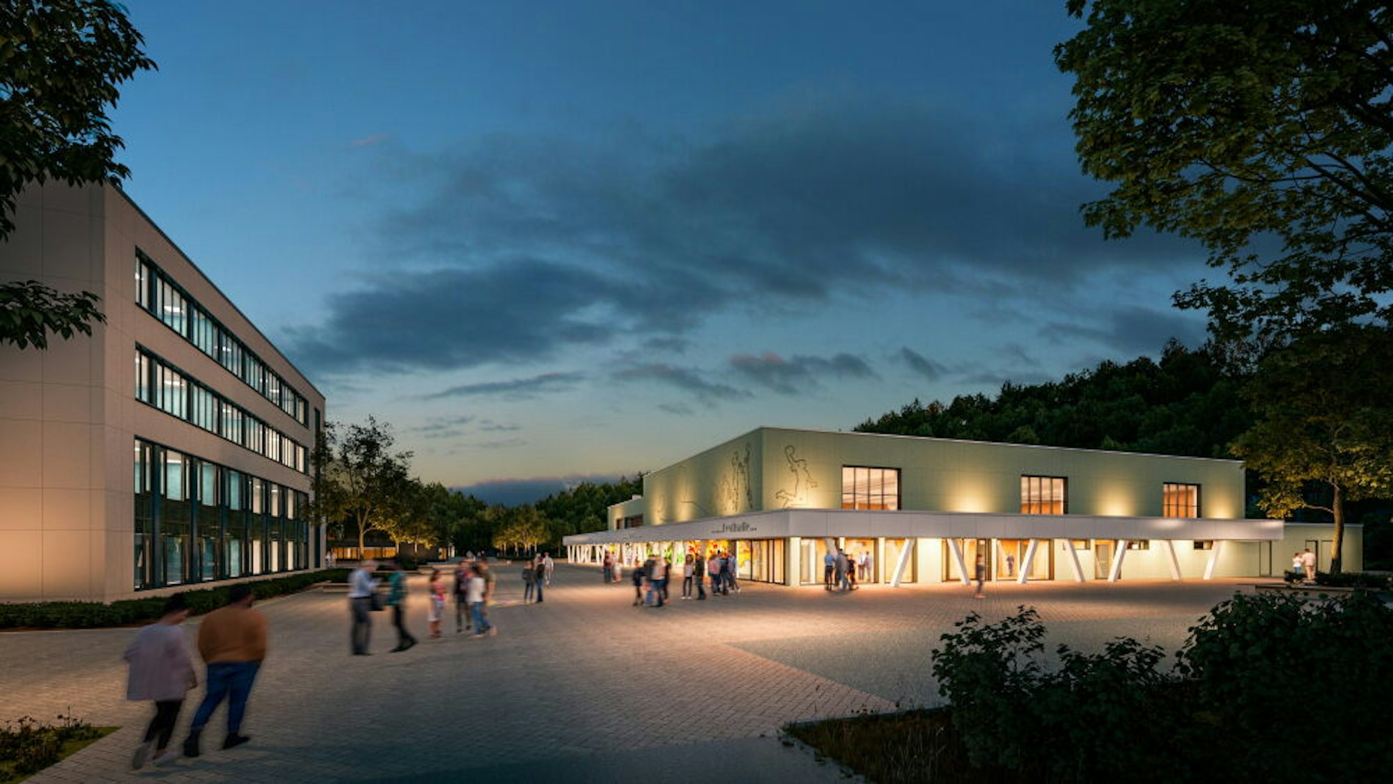 Nicht nur Schulgebäude, sondern auch Veranstaltungsort für bis zu 1600 Menschen: So stellen sich die Architekten die neue Sülztalhalle mit Arkaden (rechts im Bild) vor.