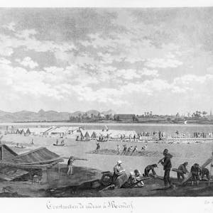 Detailgenau hat der Zeichner dieser Szene um 1800 den Bau eines großen Holländerfloßes am Mondorfer Rheinufer festgehalten.