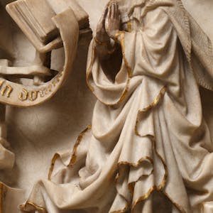 Horch, was kommt von draußen rein: Detail aus dem Alabasterrelief mit der Verkündigung an Maria (um 1410–1420)