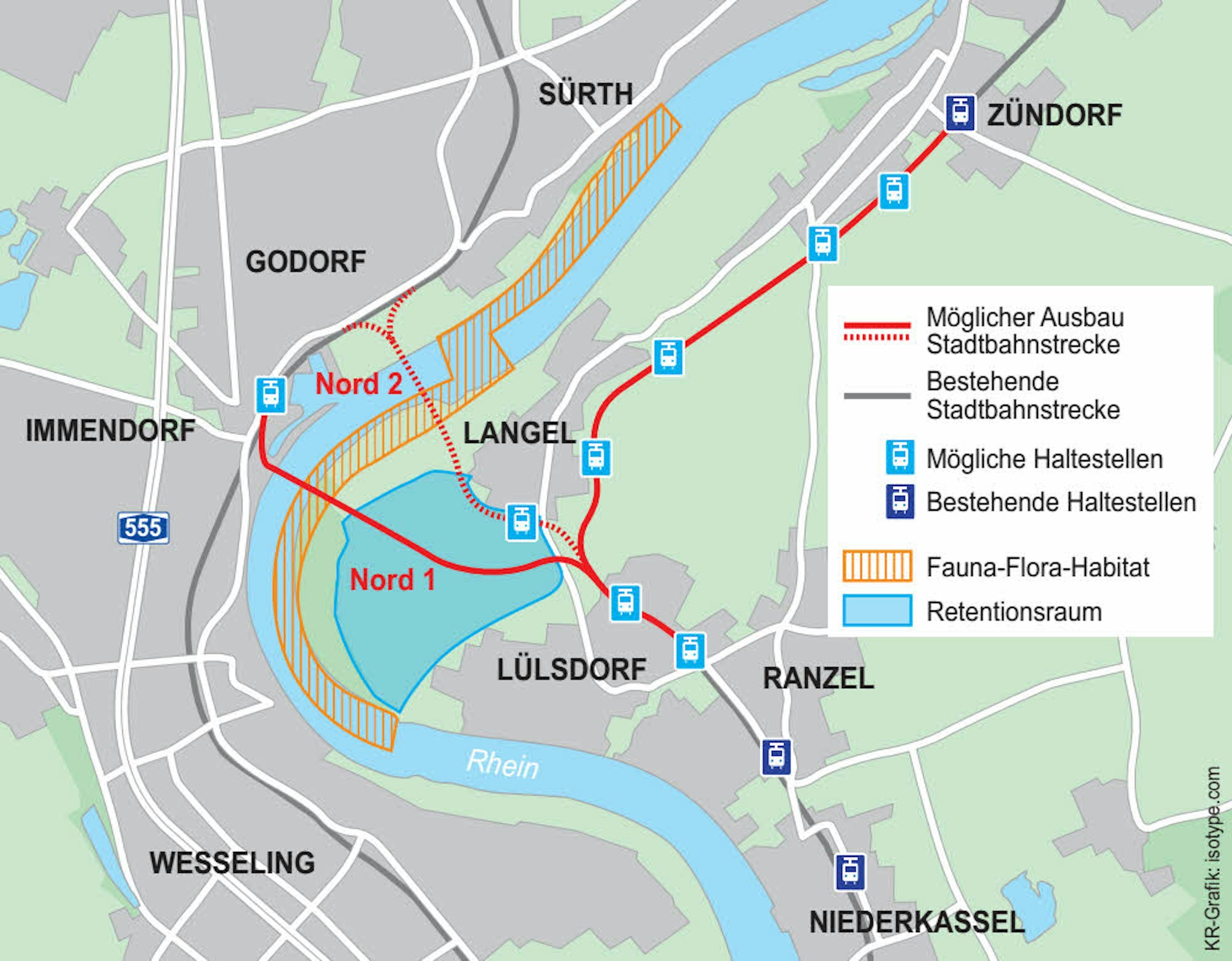 Die Verlängerung der Linie 7 steht seit Jahren in Rede. Zusätzlich beleben nun aber auch Überlegungen über eine Rheinquerung in zwei Varianten (Nord 1 und 2) die Diskussion.