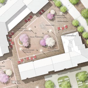 Der Entwurf für den Marktplatz umfasst neues Pflaster, vier Obstbaum-Inseln mit Sitzgruppen und ein Wasserspiel.