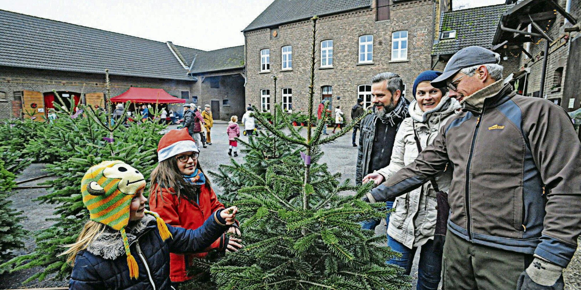 Johanna, Charlotte, Christian und Katja Faehndrich haben auf dem Leimbacher Hof nach einem schönen Weihnachtsbaum gesucht. Josef Goos (r.) hat sie beraten.