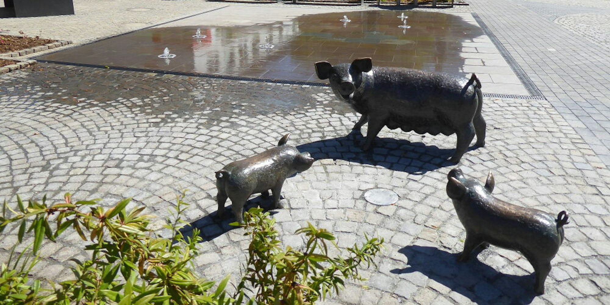 Die Bronzeschweine auf dem Rathausvorplatz erinnern an die Tradition des einstigen Viehmarktes. Pate für die Skulpturen standen die Schweine, die Ende der 1920er vor dem ehemaligen Hotel Brück auf der Waage standen.
