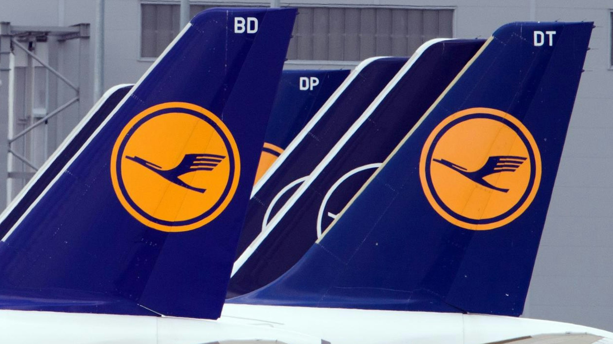 Flugzeuge der Lufthansa stehen auf einem Flughafen.