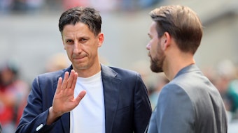 FC-Geschäftsführer Christian Keller und Lizenzspielleiter Thomas Kessler im Stadion.