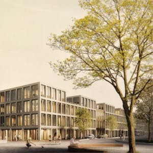 Das neue Stadthaus und dahinterliegend der Büchereisolitär mit Blick von den Kalköfen über den neuen Platz, der einem Wasserfeld gestaltet werde soll. Entwurf: Weber Auer