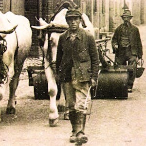 Mit einem Ochsengespann sind Bauer Loosen und ein Landarbeiter (vorne) 1940 in Frauenberg unterwegs.