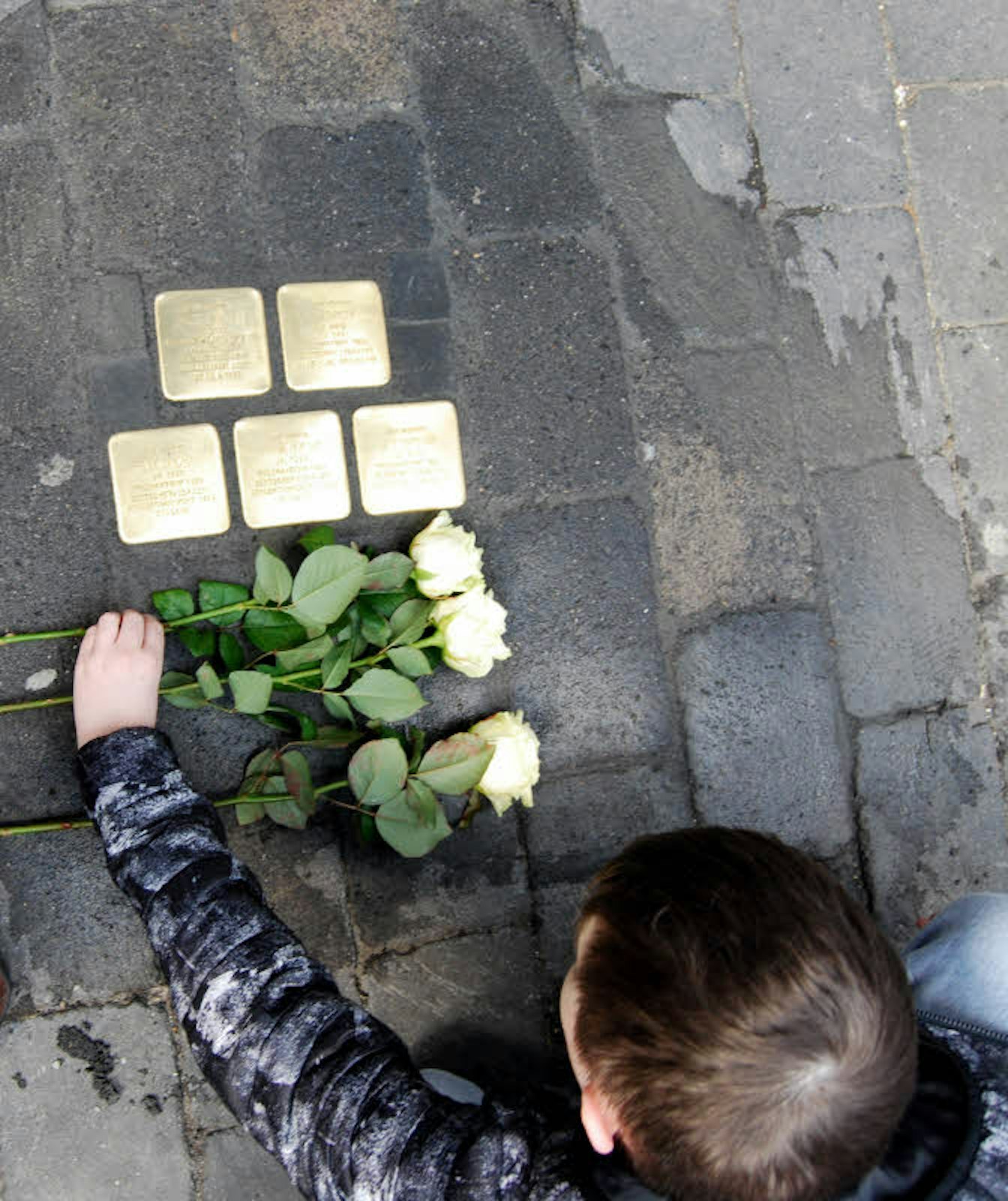 Rosen legten die Gesamtschüler vor dem Haus Hochstraße 40 ab. Vorher hatten sie etliche Stolpersteine poliert.